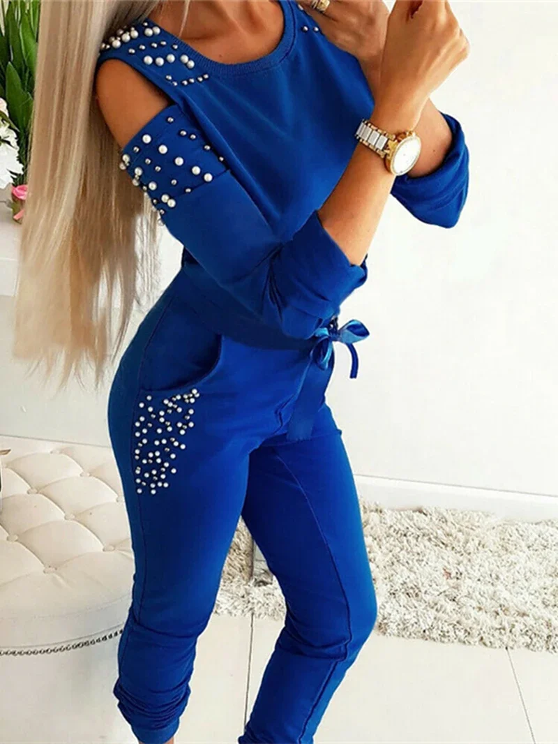 Tracksuit Women Two Piece Set Beading Decor Cold Shoulder Long Sleeve Top + Jogger Pants Suit Female Casual Lounge Wear Outfits