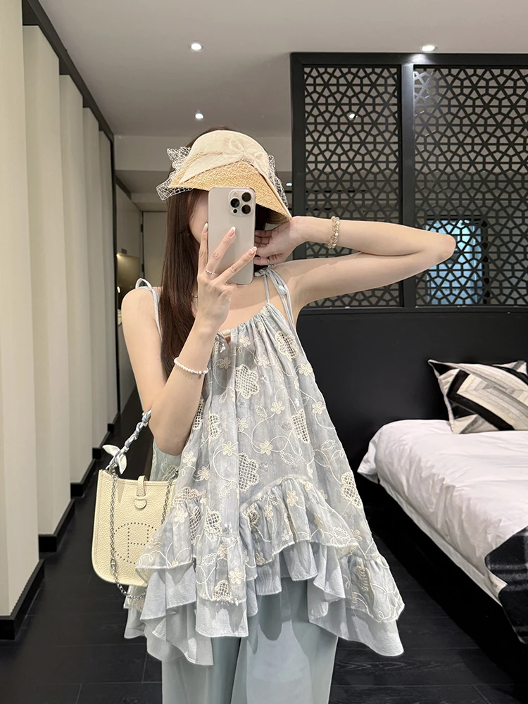 

Blue Embroidered Collar Stand out Asymmetrical Design Women's Tank Top Heavy Work Stitching Svel Faion Summer 2025