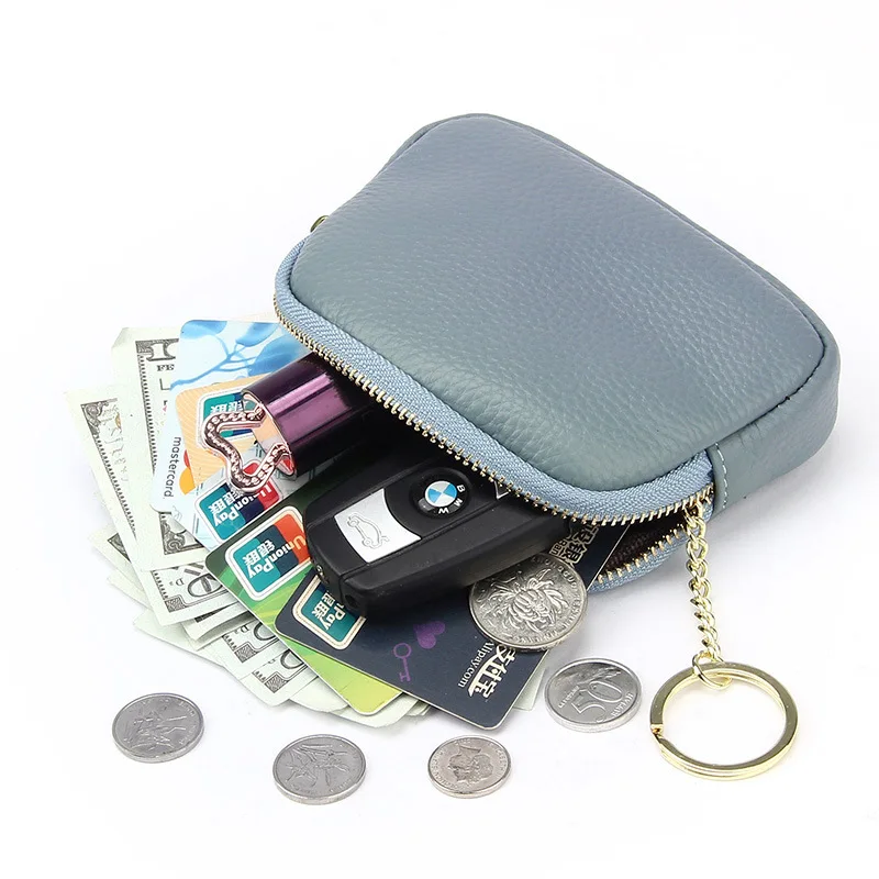 Cowhide Clutch Zipper Wallet for Women Genuine Minimalist Leather Mini Coin Purse with Keychain