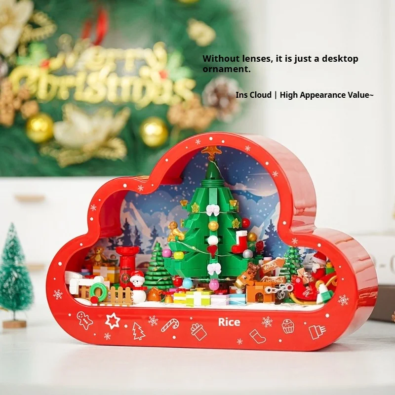 Christmas Cloud Photo Frame Building Blocks Toy, Xmas Tree Scene Desktop Ornament, Home Holiday Decoration Gift for Kids Adults