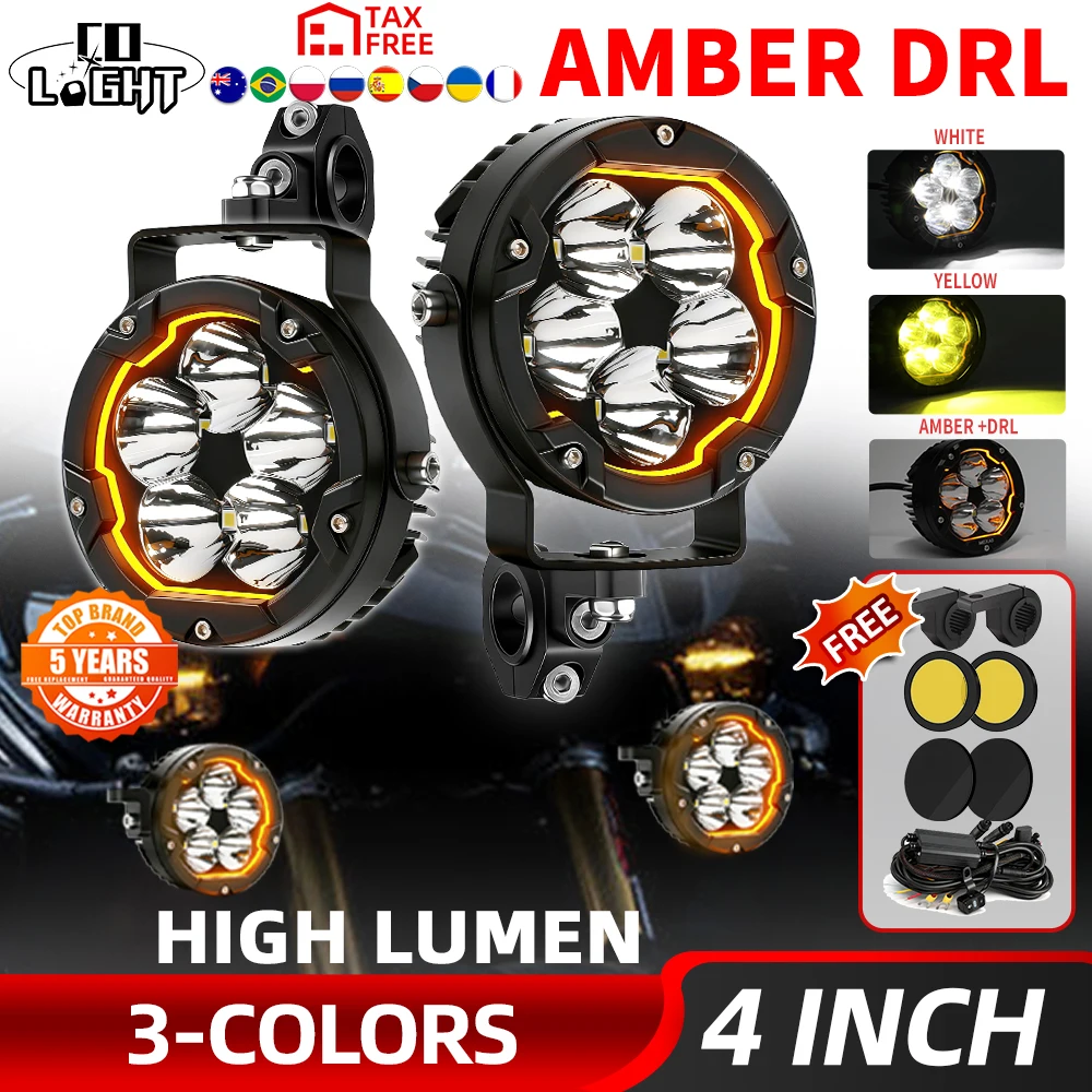 CO LIGHT Phare de travail pour voiture 4 pouces, projecteur LED ambre DRL, feux auxiliaires pour moto, utilisation tout-terrain, lampe avant A-Pillar, feux LED