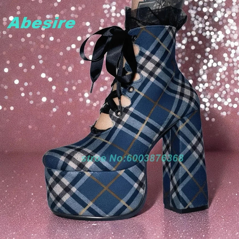Platform Lace-Up Hollow Out Chunky Heels Women's Boots Blue Black Plaid Ankle Boots Sweet Cool Gothic Y2K Daily Wear Shoes