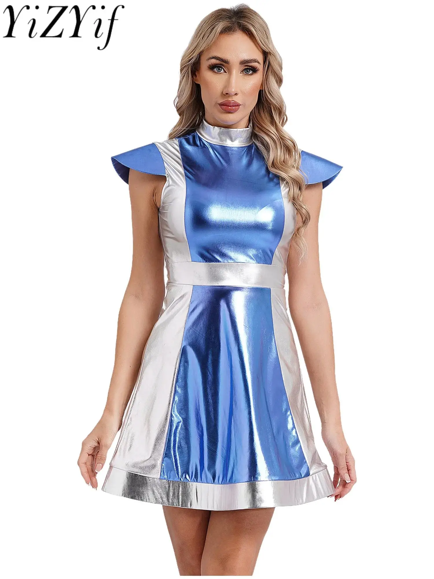 Disfraz de alienígena de luchador del espacio exterior para mujer, vestido de baile metálico brillante con manga casquillo, trajes de Cosplay de astronauta de Halloween