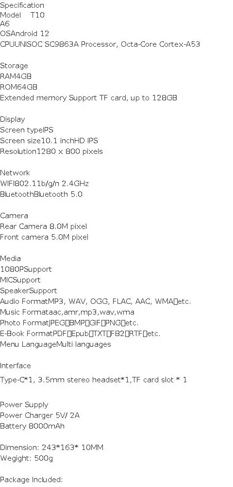 10.1 INCH T10 Android 12 A6 Tablet PC 4GB RAM 64GB ROM CPU UNISOC SC9863A Processor, Octa-Core Cortex-A53 Type-C