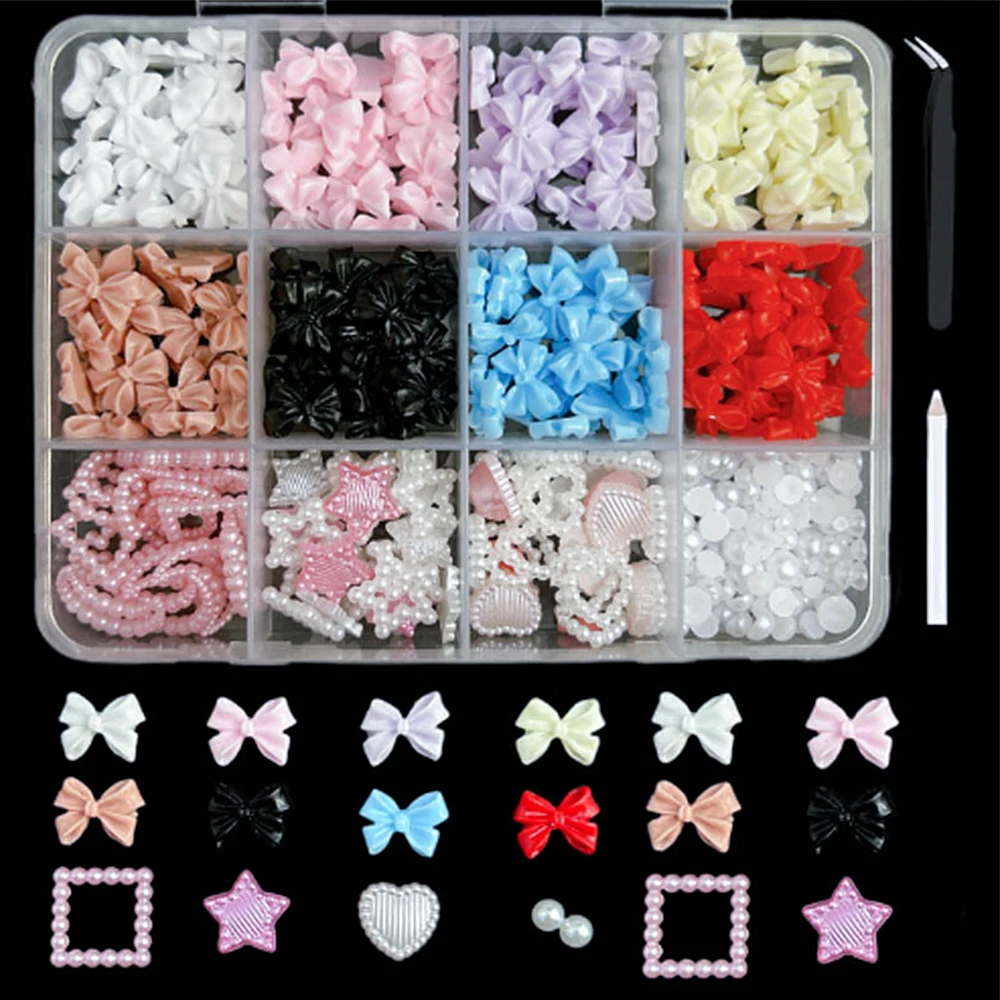 12Grid Kawaii Resin Aurora Ribbon Bow Nail Charms Mixed Star Moon Heart Pearl Rhinestones 3D Bowknot Gem Nail Art Decoration