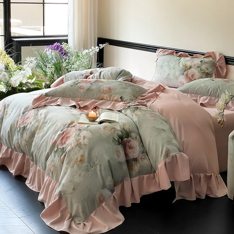 Four-piece bed set high-end thickened pure cotton sanded digital printing high-end retro quilt cover with ruffle leaf edge sheet