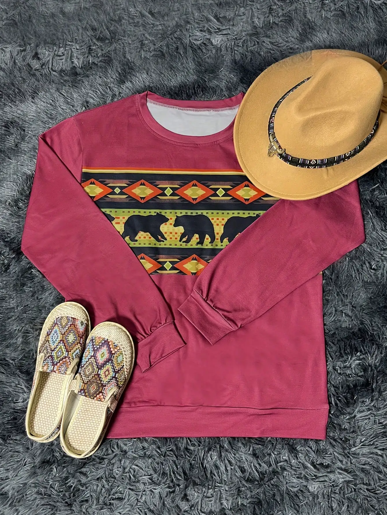 سويت شيرت نسائي رفيع بطباعة عرقية غربية وطباعة هندسية كلاسيكية ورقبة دائرية وأكمام طويلة للنساء #3