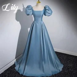 Lily Blue Evening Gown A-Line Sexy Square Collar Prom Dresses with Pleats Satin Regular Sleeve Evening Dresses robes de soirée