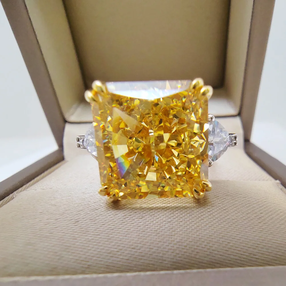 Luomansi 13x13MM Yellow Crushed Ice Diamond Ring Women 100% - S925 Silver Jewelry Party Gift