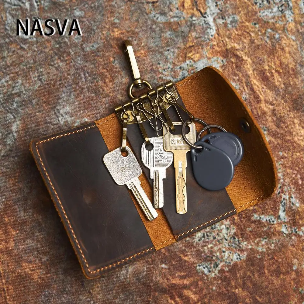 NASVA-Bolsos De cuero genuino para llaves para hombre y mujer, cartera Vintage hecha a mano para llaves colgantes, para licencia de conducir
