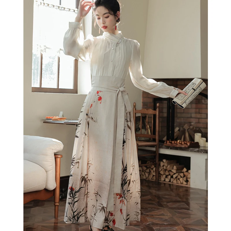 New Chinese Mamianqun White Vintage Elegant Horse Face Skirt Shirt Two Piece Fashion Daily Improved Hanfu Vintage Elegant Dress