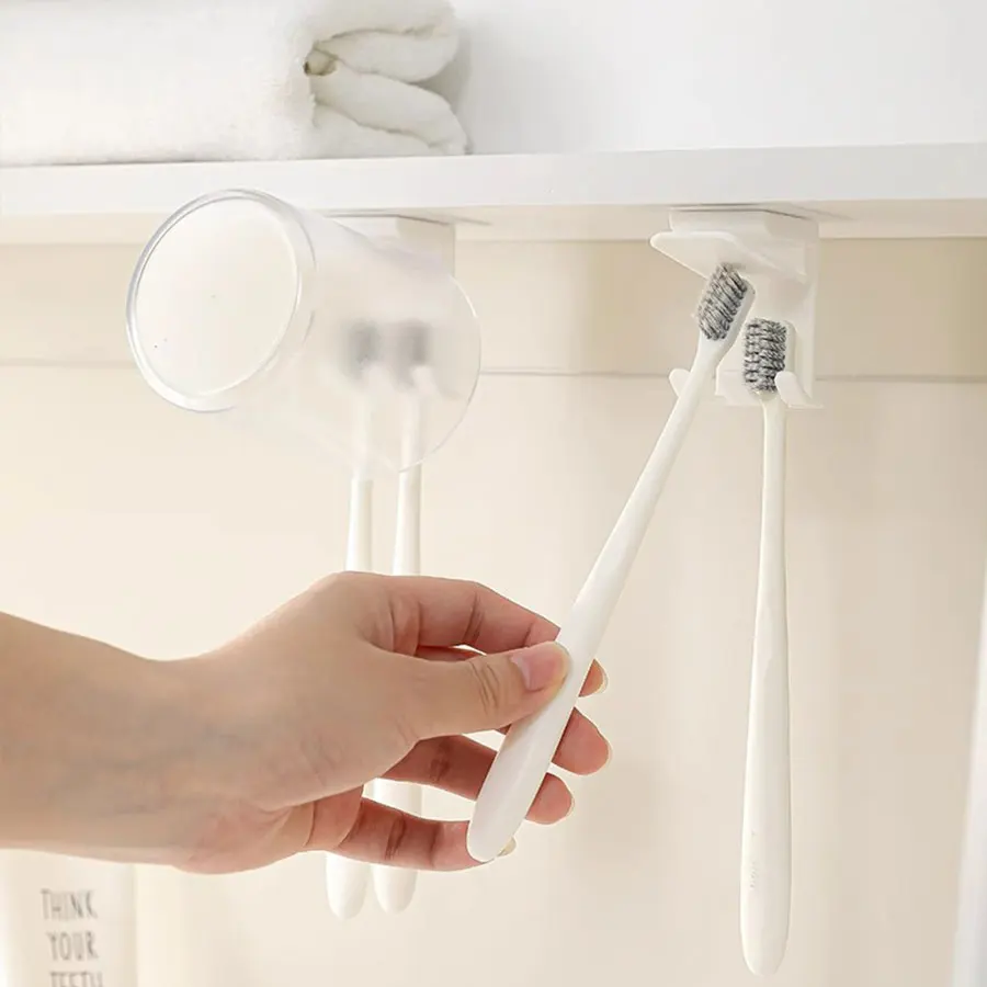 1/2/3pcs, Toothbrush Cup Holder, Wall Mounted Storage Hook, Self-Adhesive, Detachable, No Drilling Tooth Brush Cup Storage Rack