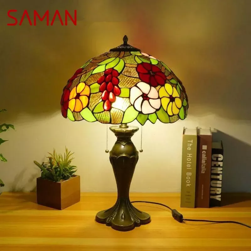 

SAMAN Tiffany Table Lamp American Retro Living Room Bedroom Lamp Luxurious Villa Hotel Stained Glass Desk Lamp