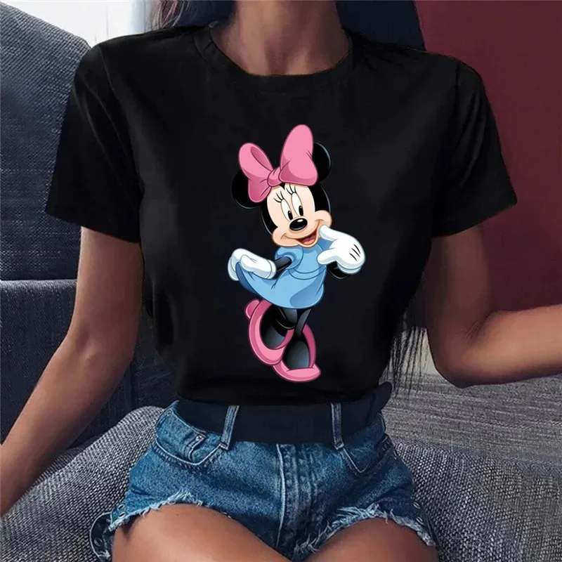 ديزني ميني ماوس طباعة القطن تي شيرت الصيف قصيرة الأكمام السيدات Kawaii عادية س الرقبة الأسرة مطابقة وتتسابق الأزياء المحملة الأعلى #4