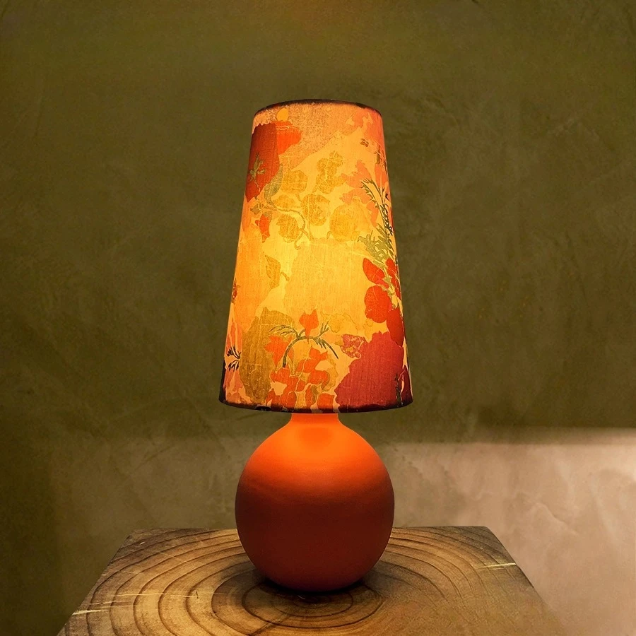 

Vintage Fabric Table Lamp Mid-Century Ceramic Nightstand Light, Handmade Ambient Lighting for Bedroom Desk Decor