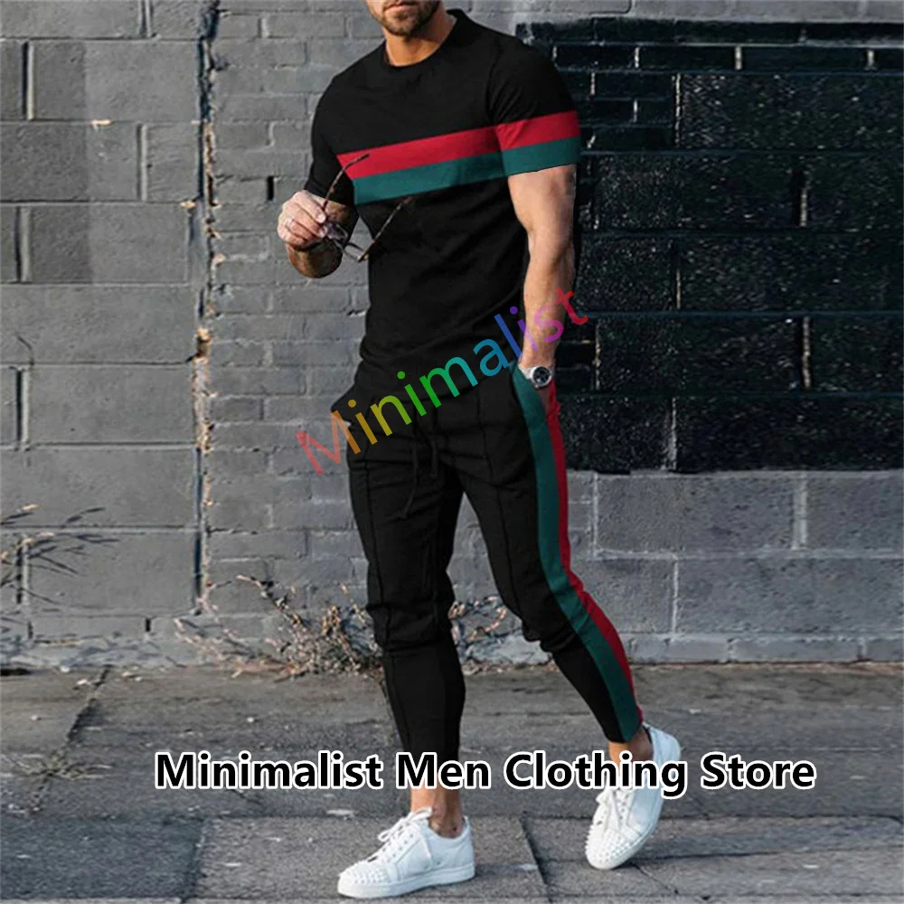 

2024 Fashion Men Trousers Tracksuit Jogger Sportswear Short Sleeve T Shirt +Long Sweatpants Streetwear 2 Piece Sets Men Clothes