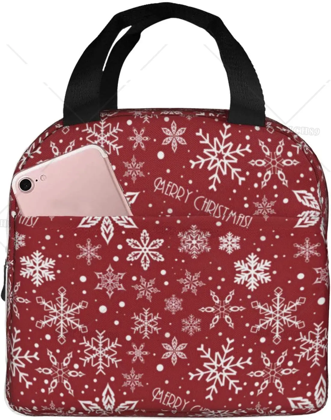 Bolsa de almuerzo de copo de nieve de Navidad para niños, bolso de mano aislado, impermeable, rojo, caja reutilizable, bolso Bento para llevar alimentos