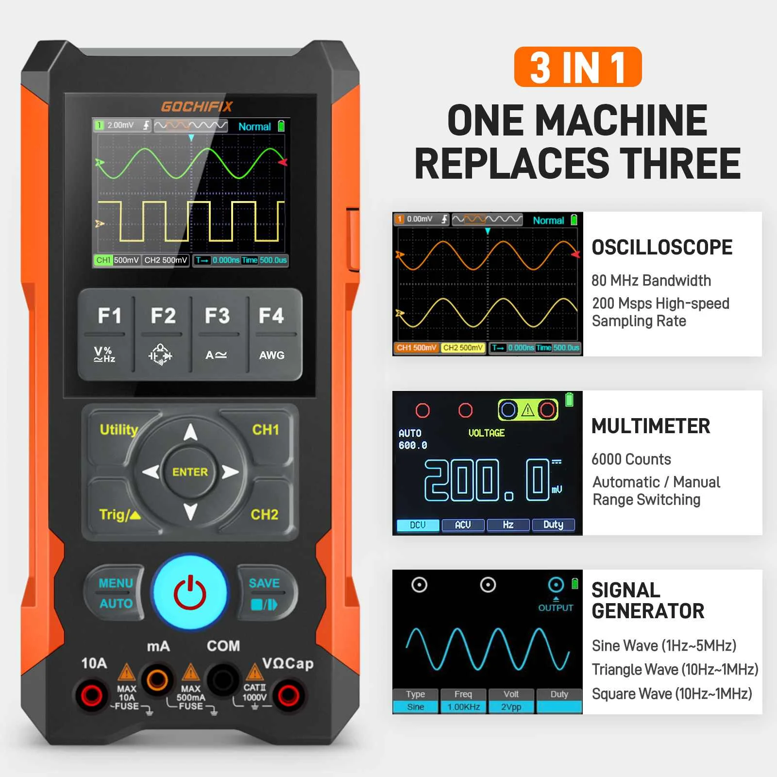 3 in 1 Digital Oscilloscope Multimeter Waveform Generator 80MHz Bandwidth 200 Msps Sampling Rate Support Waveform Data Storage