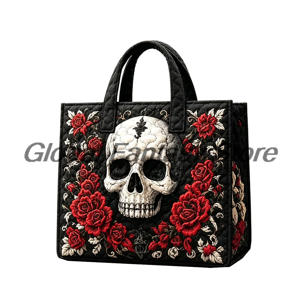 Gothic Skull Red Rose Quilted Tote Halloween Pattern Shoulder Bag Women Daily Shopping HandBag