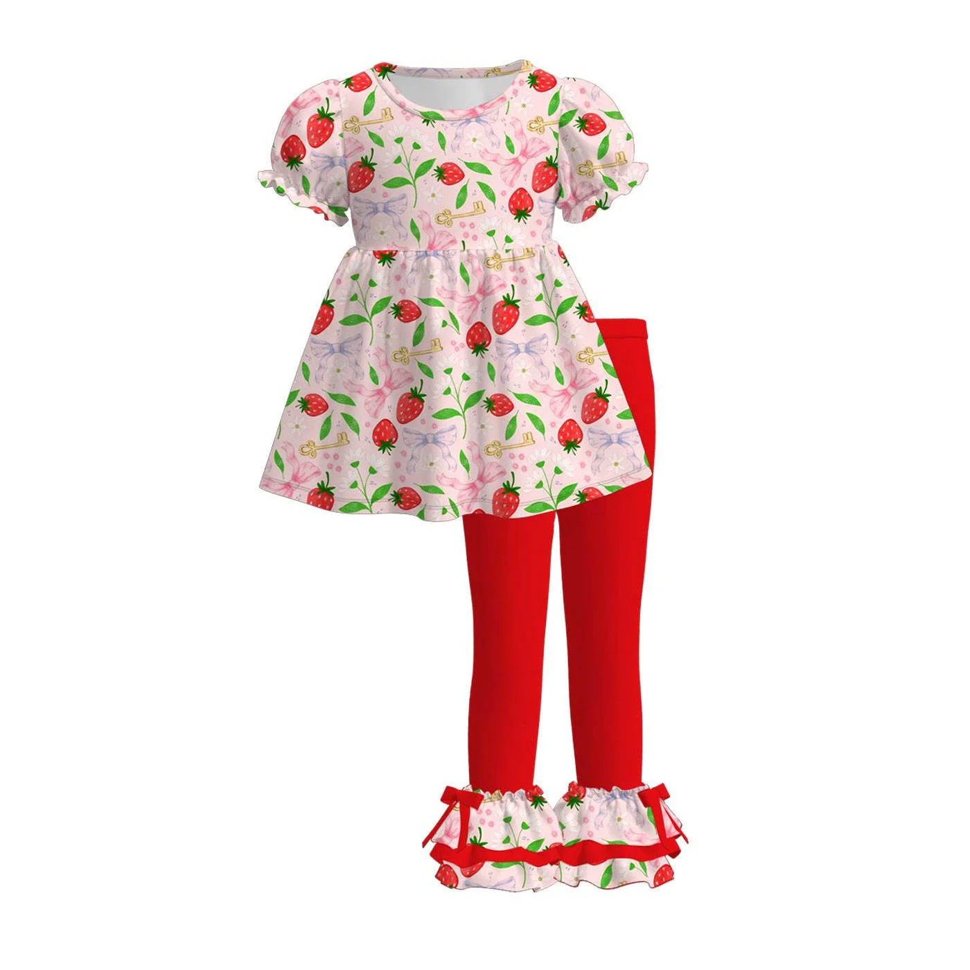 New Styles Girls Strawberry Bows Print Outfits Girls Dress Newborn Baby Romper Sister Kids Clothes