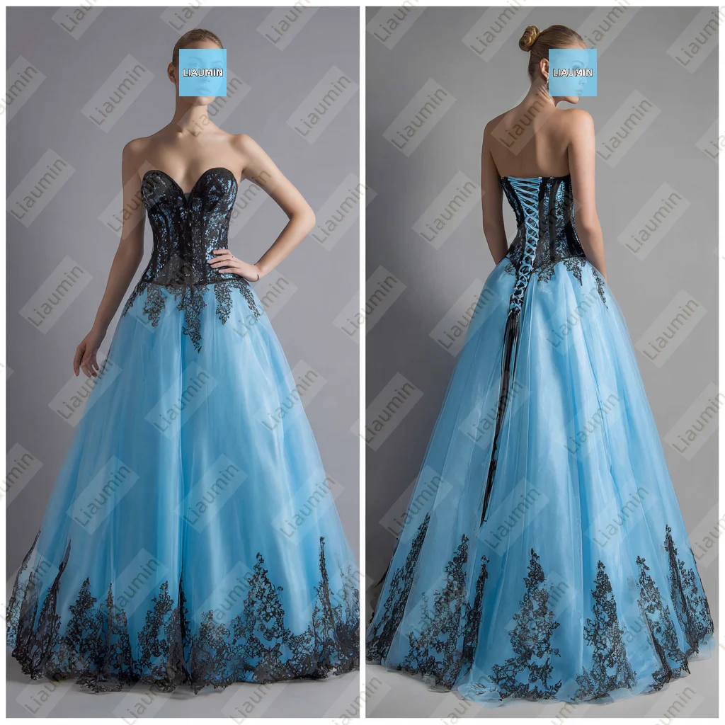 

Blue Tulle Black Lace Applique Strapless Floor Length Evening Prom Wedding Formal Dress Lace-up Back Customized Made A7-1.83