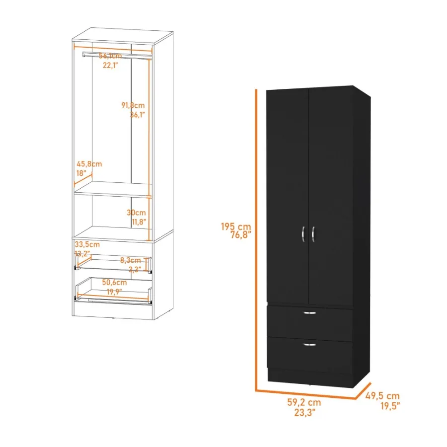 Black 2-Door 2-Drawer Wardrobe