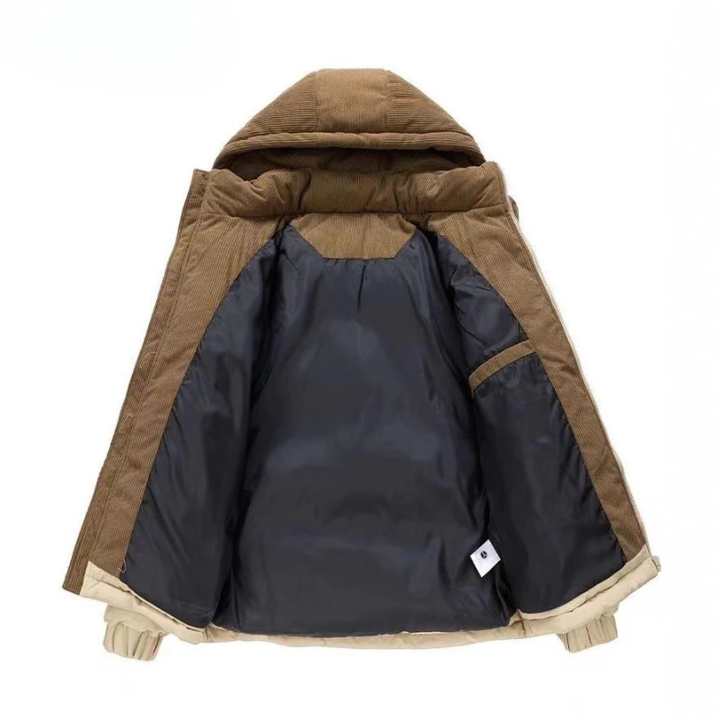 Men Women Winter Thick Corduroy Padded Jacket Detachable Hood Casual Warm Couple Cotton Coat