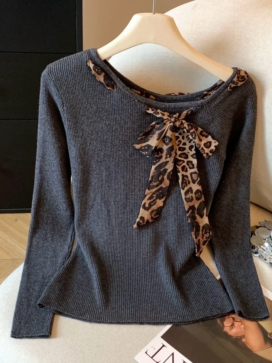 تأثير التخسيس ليوبارد طباعة محبوك طويل Sve تي شيرت المرأة أوائل الخريف المجهزة قاعدة irt ملابس داخلية مع حزام