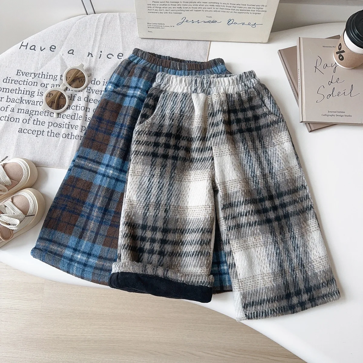 Toddler Girls Fleece-Lined Pants Plaid Wide-Leg Winter Trousers with Thick Warm Lining for Casual Thermal Bottoms