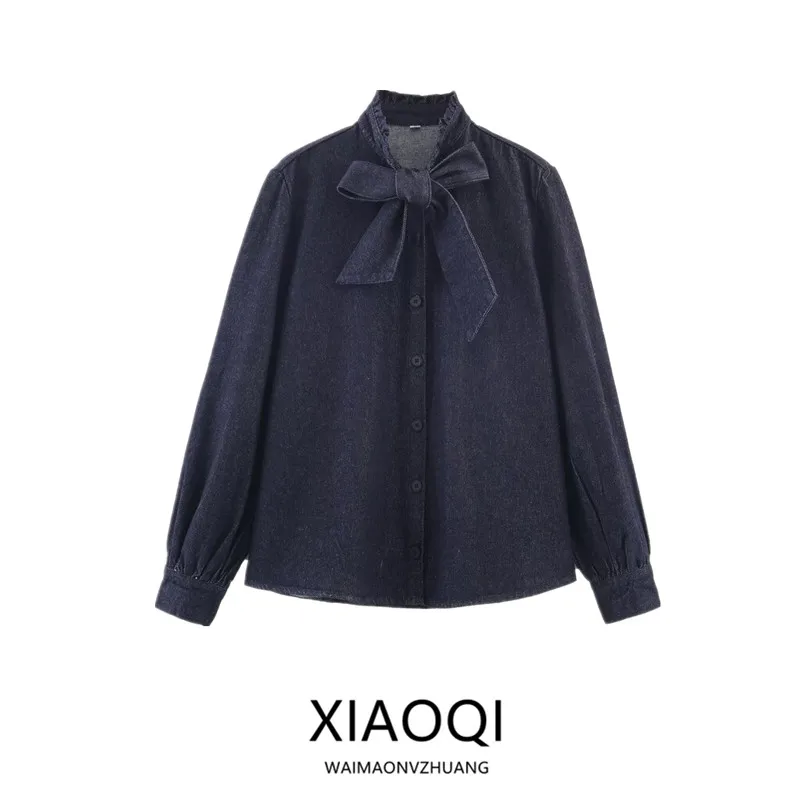 

New 2025 Autumn Women's Long Sleeve Denim Shirt Knot Decorated Versatile Fashion Commute Style Loose Fit Shirt