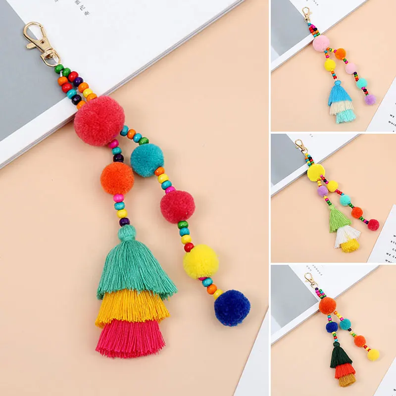 Big Plush Ball With Fringes Key Chain Bohemia Women\'s Purse Bag Charm Pompom Tassel Keychains Jewelry Diy Handmade Key Ring