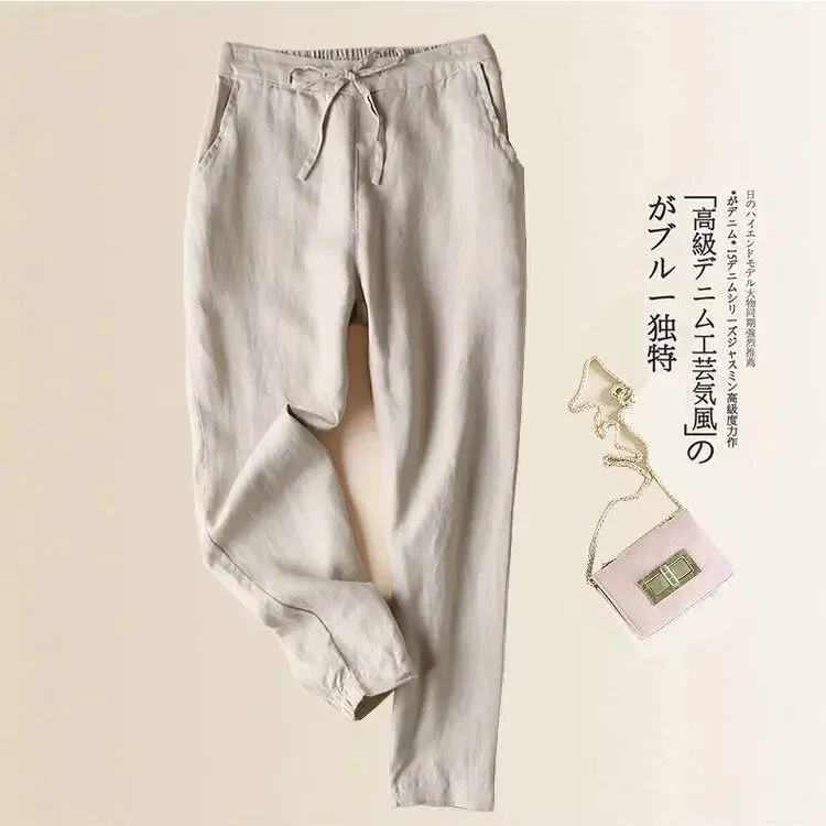 2025 Spring Cotton Linen Women's Pants Harem Drawstring Slim Black Pencil Pants Feamle Fashion Casual Japan Style Ladies Bottoms