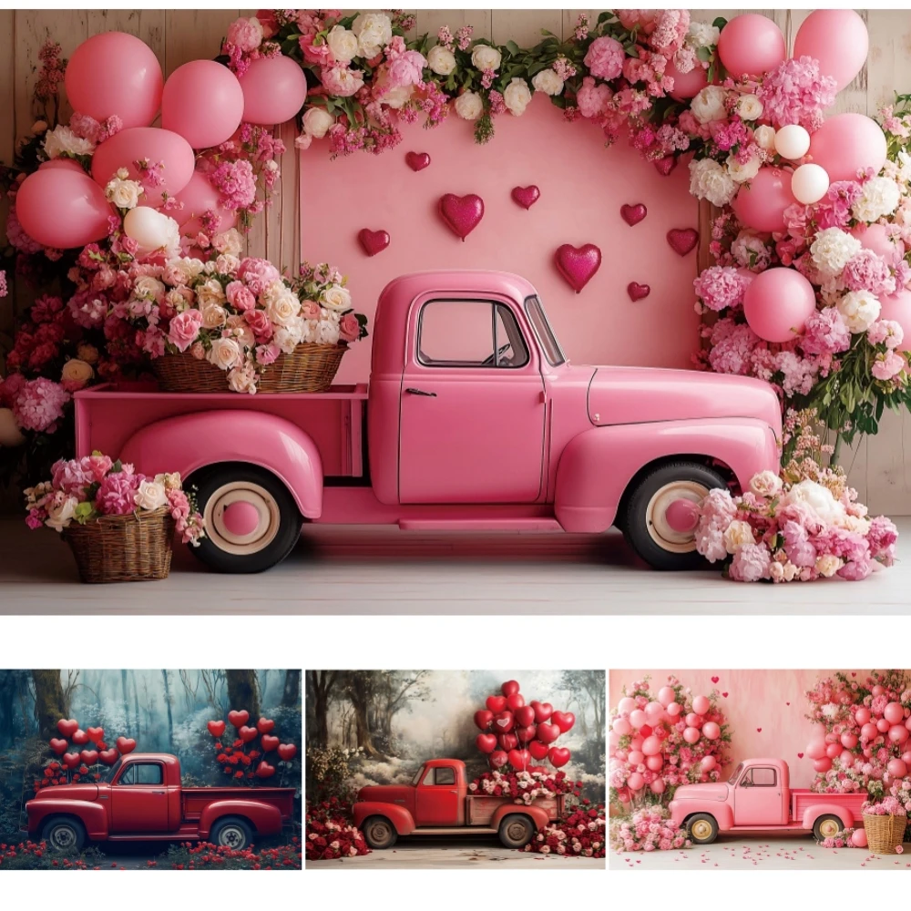 

Valentine's Day Backdrop Photo Heart Balloon Red Truck February 14th Proposal Wedding Party Decor Photography Background Studio