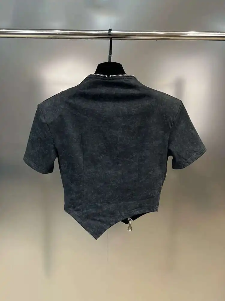 DEAT Chic Personality Zipper Designer T-shirt Women's V-neck Elastic Short Sleeve Sports Tops Female 2023 Summer New 11XX3228 Sc9f8a9ec9b2d403d96f016fd4ae23792l