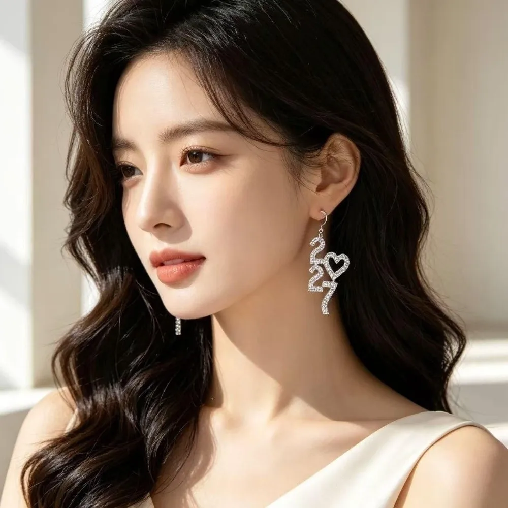 Elegant 2027 Digital Earrings Rhinestone Love Heart Happy New Year Earrings Shiny Long Drop Stud Earrings New Year Party