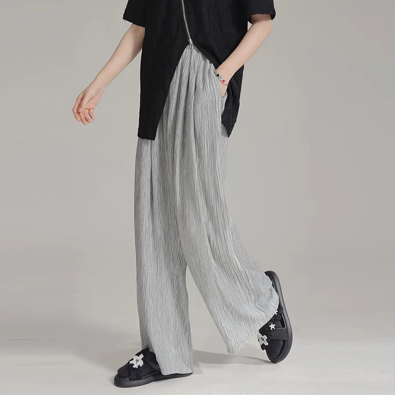 High Quality 2024 Summer New American Retro Stripe Wide Leg Pants with Folded Texture Design for Women's Pants