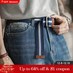 Maden Retro Double-ring Buckle Striped Belt without Punching Woven Canvas Accessories Trouser Belt for Men