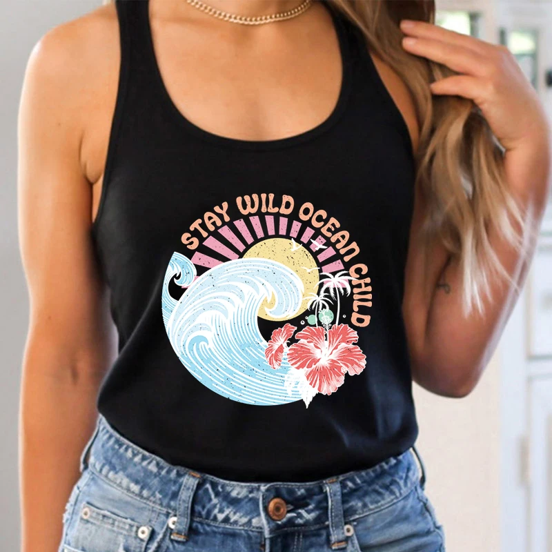 Stay Wild Ocean Child Vintage Graphic Tank Top Women Summer Beach Sublimation Sexy Tops Summer Ocean Lover Racerback Tank Tops