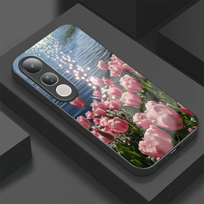 

Противоударный чехол из закаленного стекла для телефона Vivo V40 SE V30E V60 Lite V50 V50E V40 V30 Pro, чехол-бампер с цветочным узором тюльпана