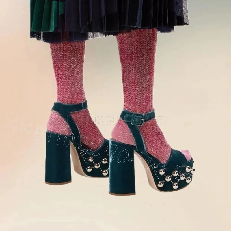 

Round Rivets Cyan Corduroy Platform Sandals Buckle Strap Women Shoes Chunky High Heels New Party Dating 2026 Zapatos Para Mujere