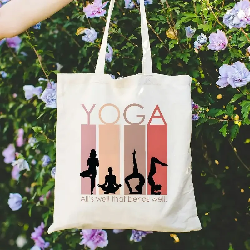 Pastel Line Drawing Five Yoga Poses Print Canvas Tote Bag Soft Handbag For Daily Commute And Daily Use