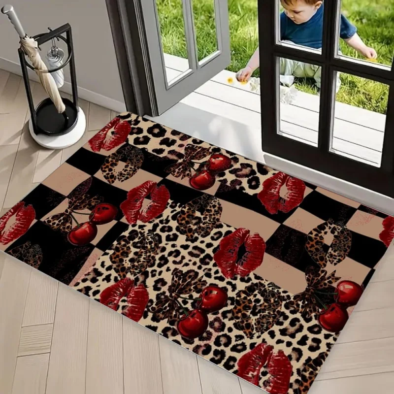 Y2K Leopard Check Red Lips Cherry Area Rug Carpet, Non Slip Floor Mat Washable Front Door Doormat Entryway Rug Trendy Home Decor