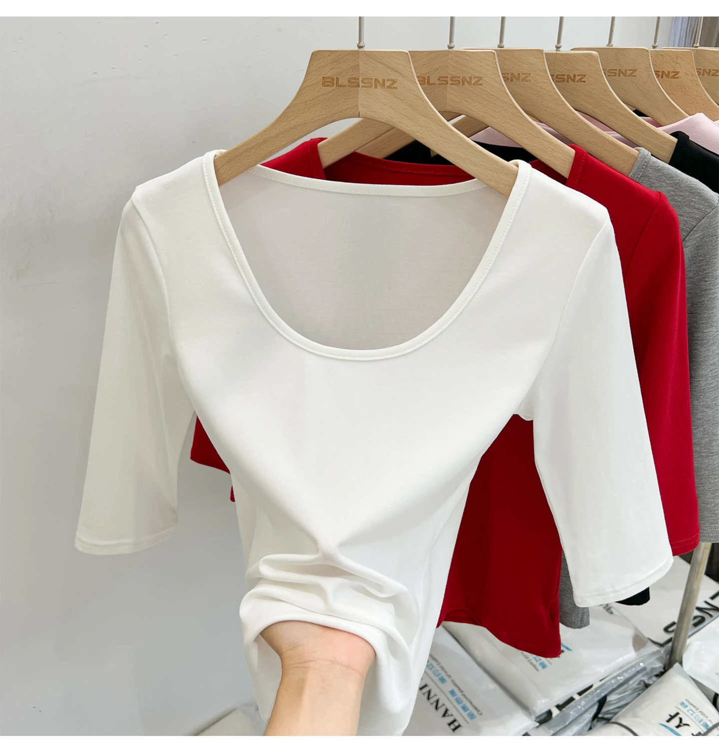 Zjaiss Women's White Base Top 2026 New U-Neck Three-Quarter Sleeve Tee for Spring & Summer Solid Versatile Casual Simple T-Shirt