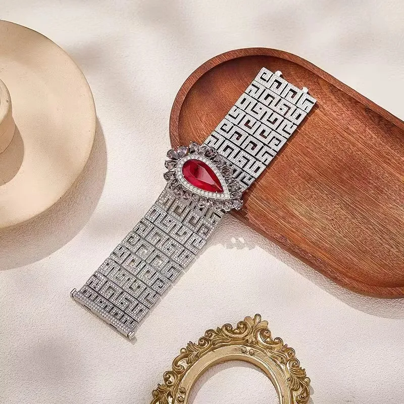 Designer Collection Vintage Wide Bracelet Women Lady Inlay Cubic Zircon Drop Shape Synthetic Ruby Emerald Dinner Party Bangle