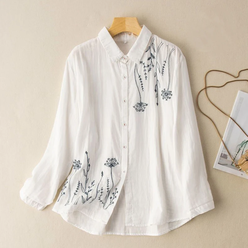 Vintage Embroidery White Simple Cotton Button Up Shirt Comfortable Casual Long Sleeve Loose Tops Blouses for Women Clothing 2023