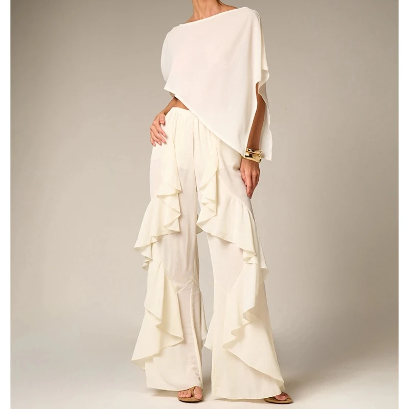 Womens Elastic Low Waist Loose Fit Long Pants Irregular Ruffled Flowing Layered Wide Leg Trousers Y2k Palazzo Bottoms