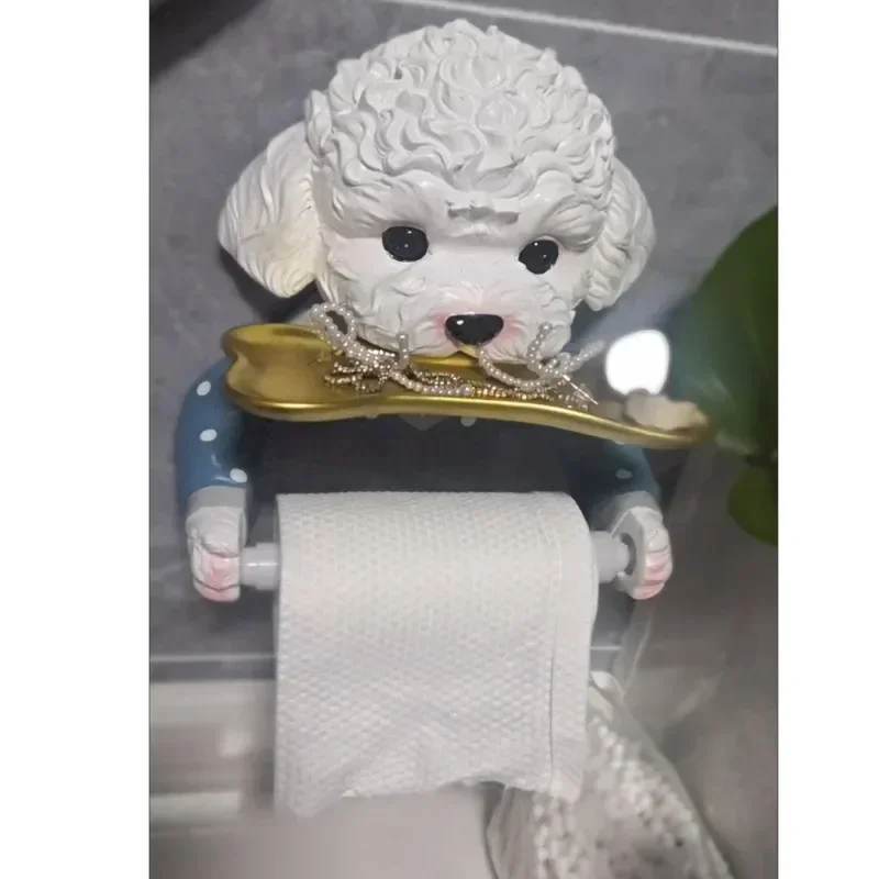 Cartoon Teddy Dog Toilet Paper Holder Punch Free Wall Mounted Toilet Tissue Roll Paper Storage Tray Rack Bathroom Decoration