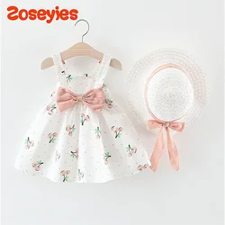 Summer Baby Girl's Dress New Dotted Cherry Back Bow Strap Dress with Hat