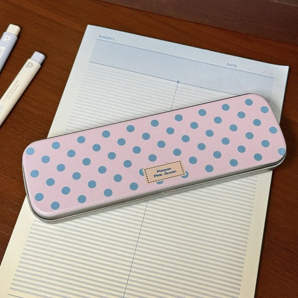 Polka Dot Pattern Metal Pencil Case Cartoon Pattern Portable Tin Pencil Box Long Rectangular Shape Vintage Style