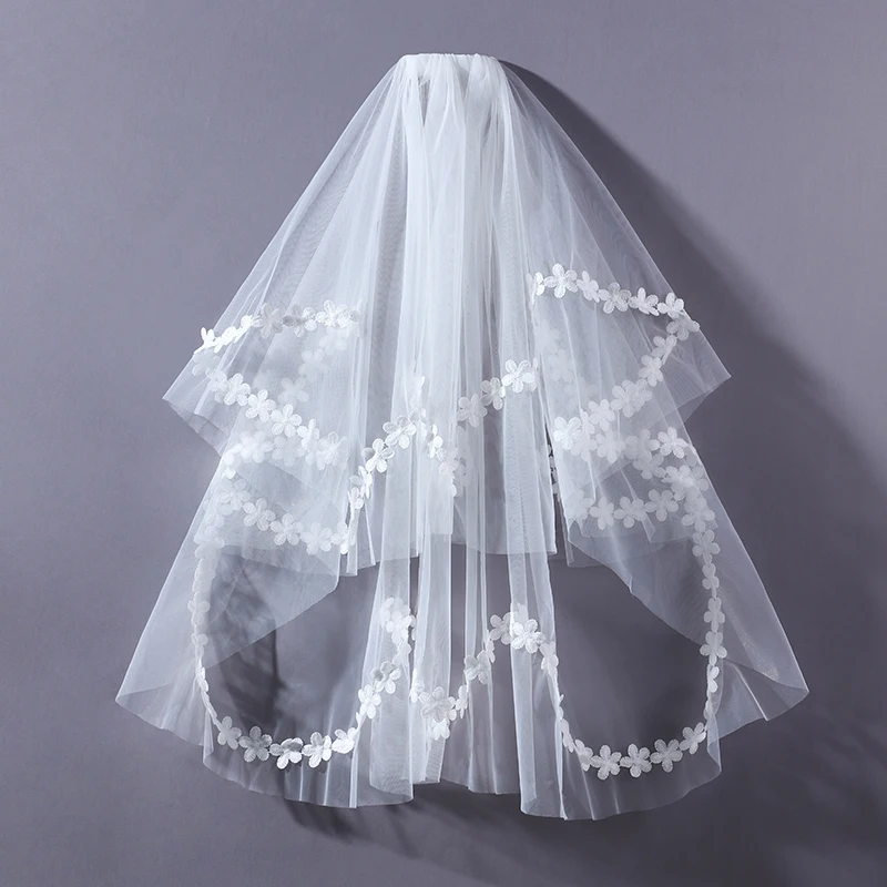 White Decal Bridal Veil, Two Layer Lace Finger Long Veil Suitable for Women's Wedding Ball Accessories